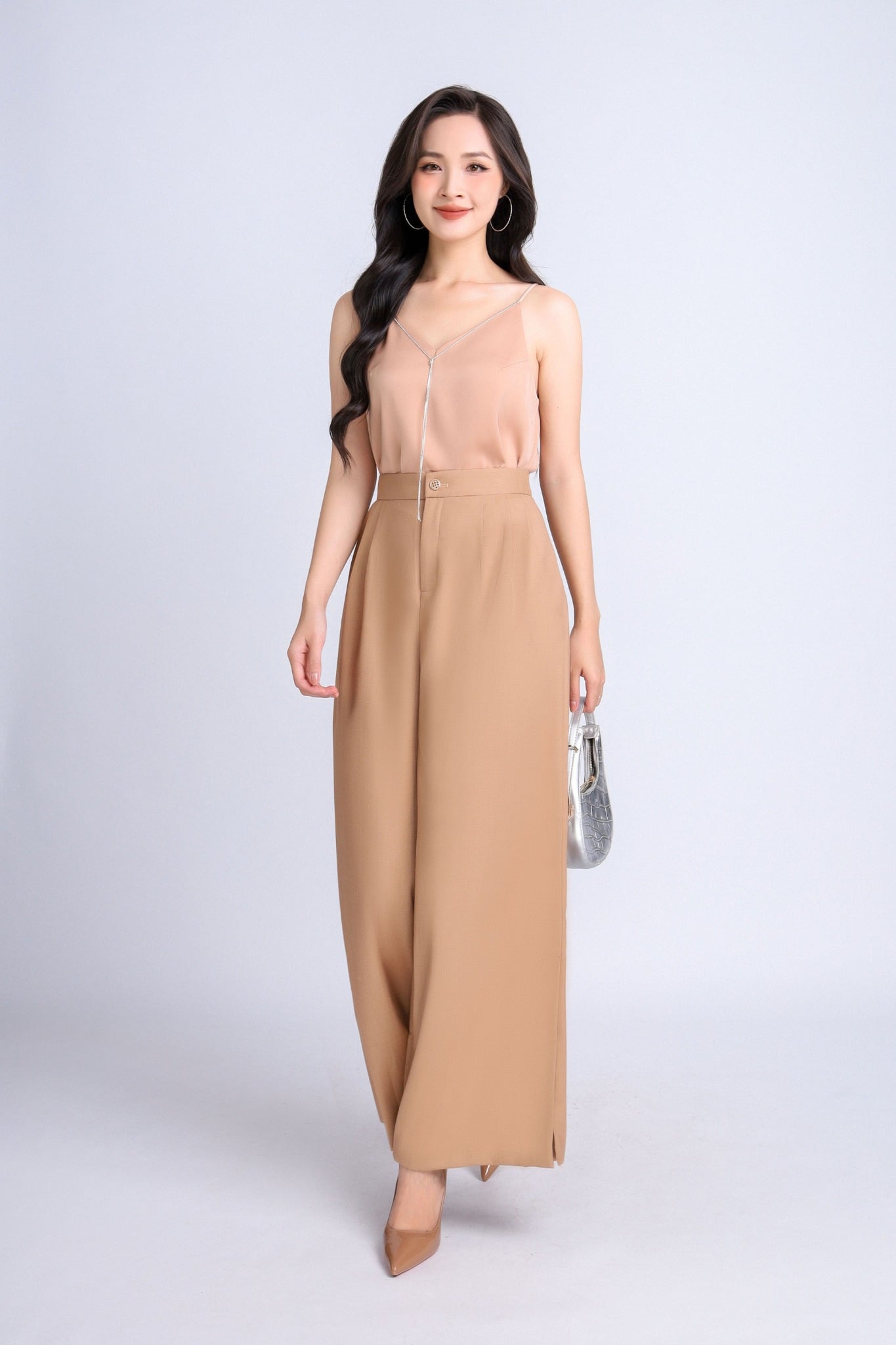 FQD51139 - Quần công sở vải thô đũi dáng suông ống rộng xẻ gấu diễu chỉ tạo kiểu - PANTIO