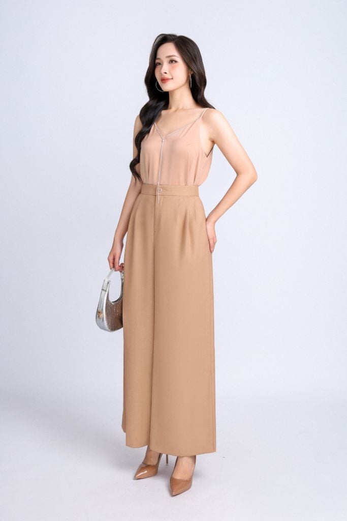 FQD51139 - Quần công sở vải thô đũi dáng suông ống rộng xẻ gấu diễu chỉ tạo kiểu - PANTIO
