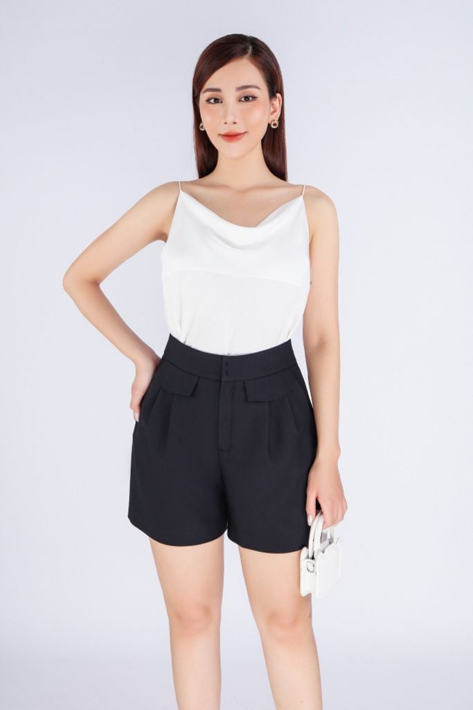 FA25316 - Áo hai dây dáng suông vải lụa tằm cổ đổ tạo kiểu - PANTIO