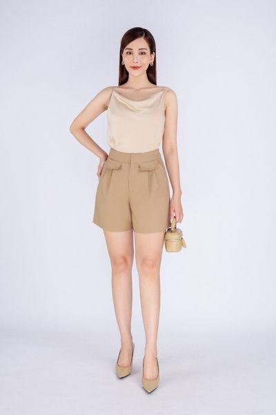 BQN33083 - Quần short công sở vải tuytsi dáng suông ống rộng phối nắp túi trang trí - PANTIO