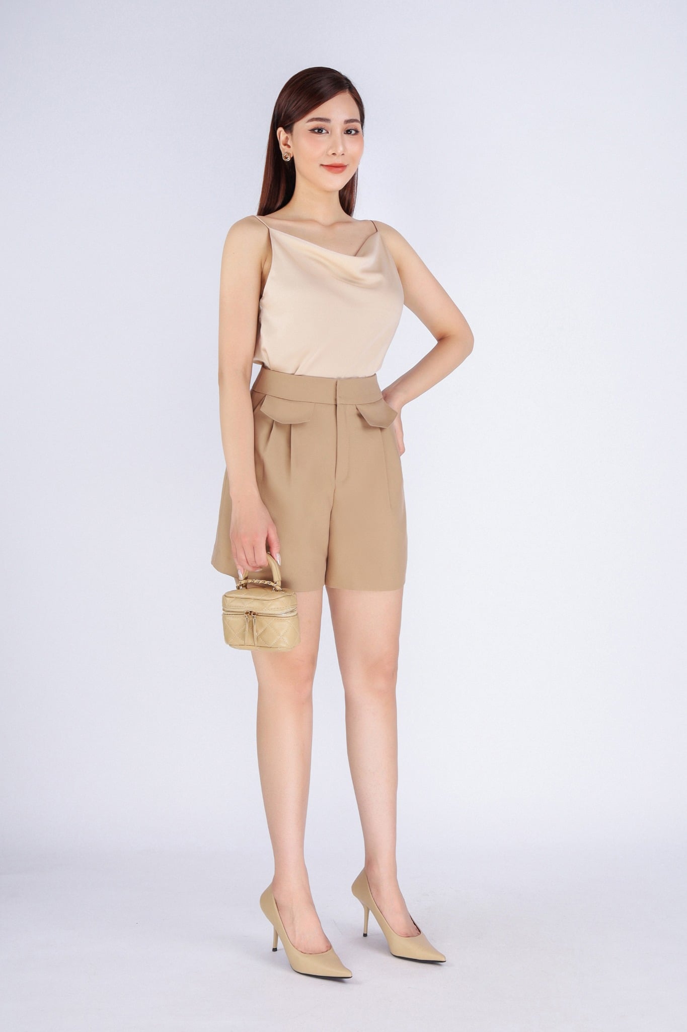 BQN33083 - Quần short công sở vải tuytsi dáng suông ống rộng phối nắp túi trang trí - PANTIO