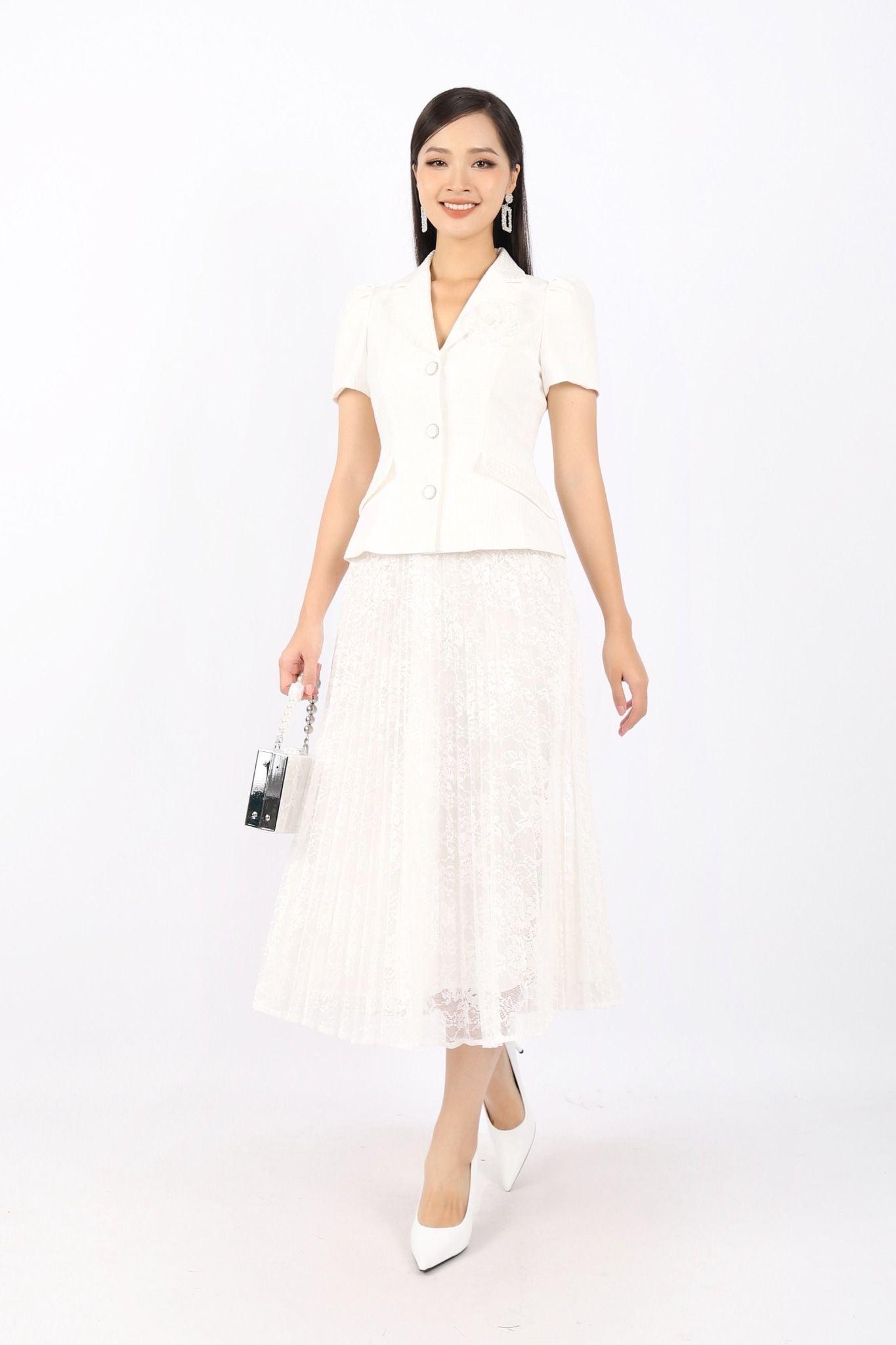 BJD32770 - Chân váy công sở vải ren dáng Xoè cạp chun dài qua gối - PANTIO