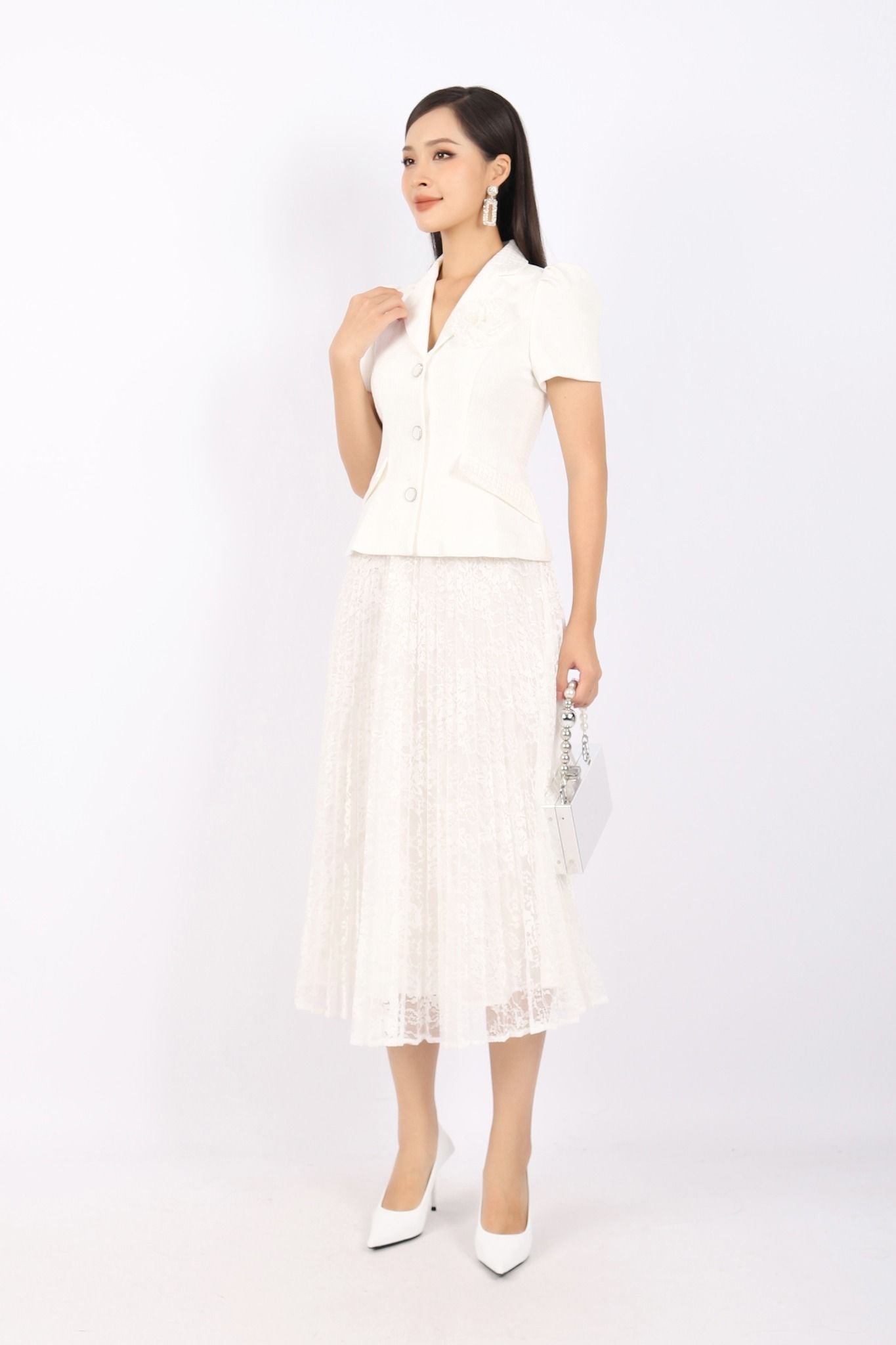 BJD32770 - Chân váy công sở vải ren dáng Xoè cạp chun dài qua gối - PANTIO