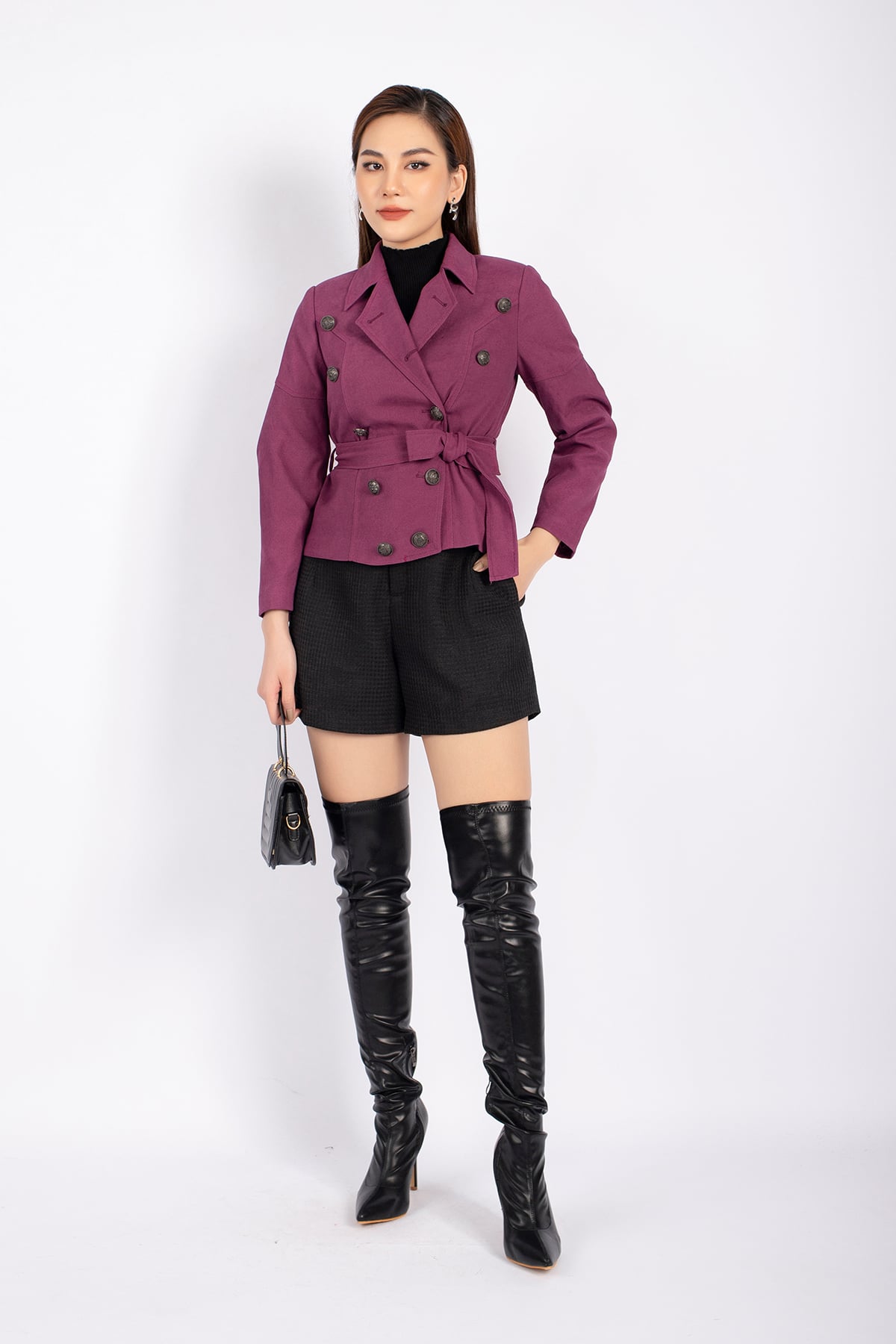 FAD9500 - Áo khoác dạo phố vải nhung dáng suông cổ hai ve phối cúc kim loại trang trí kèm dây đai tạo kiểu - PANTIO