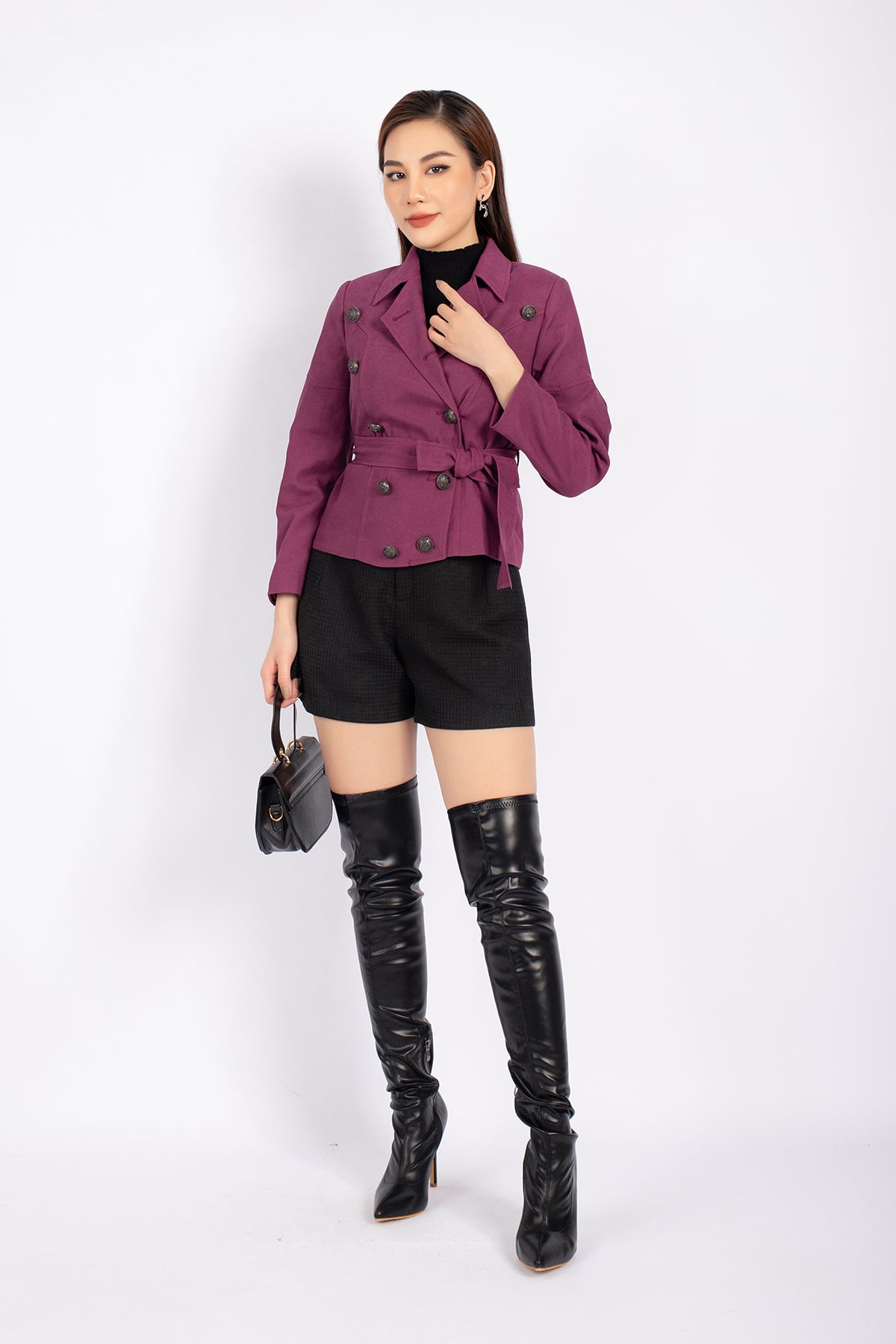 FAD9500 - Áo khoác dạo phố vải nhung dáng suông cổ hai ve phối cúc kim loại trang trí kèm dây đai tạo kiểu - PANTIO