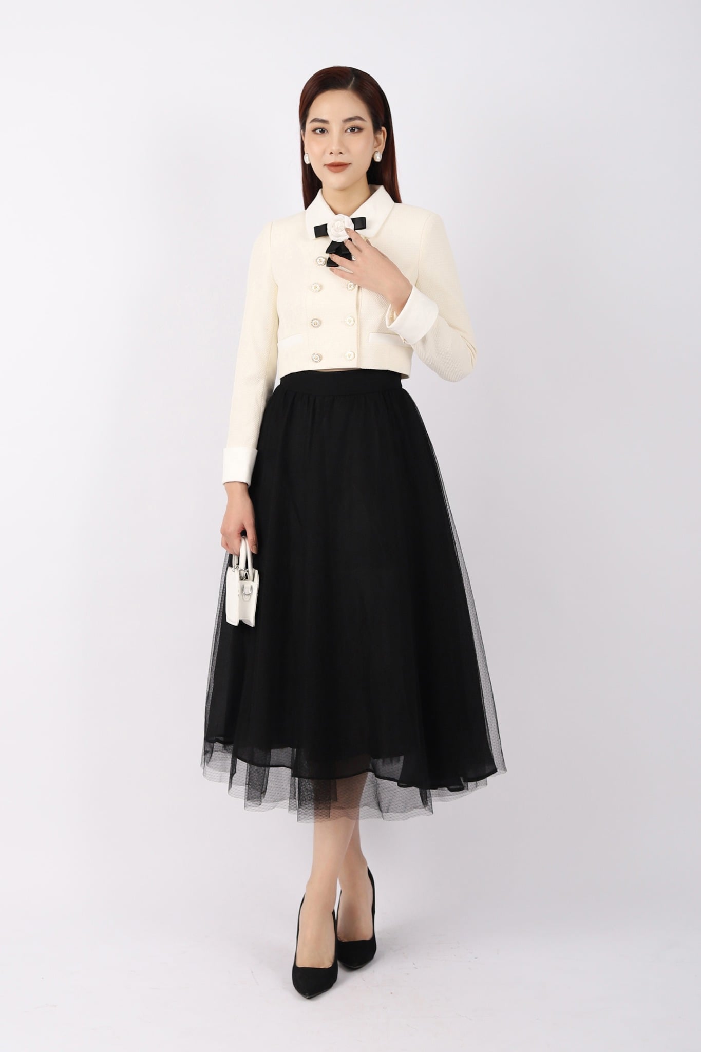 BJD32859 - Chân váy công sở vải ren dáng Xoè có lót habutai cạp rời khóa thân sau dài qua gối - PANTIO