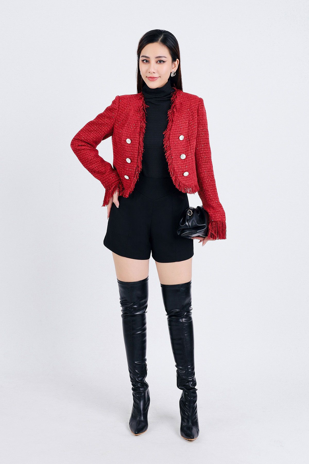 FAD9518 - tylekeo8888 vải dạ Tweed dáng lửng gấu áo phối tua rua tạo kiểu thân áo đính khuy trang trí - tỷ lệ kèo 8899