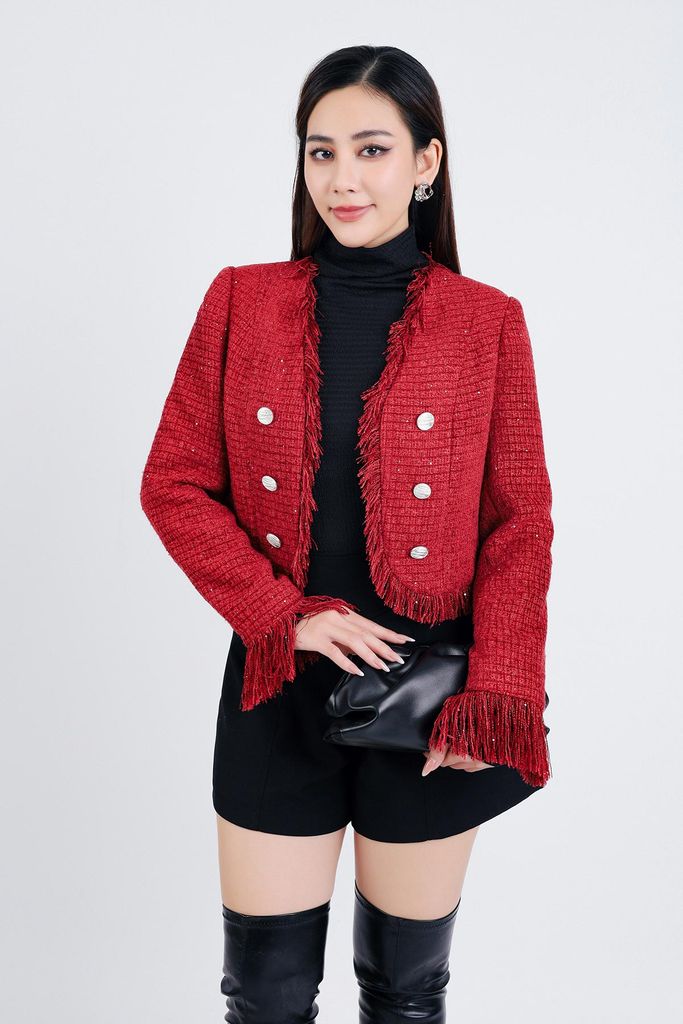 FAD9518 - tylekeo8888 vải dạ Tweed dáng lửng gấu áo phối tua rua tạo kiểu thân áo đính khuy trang trí - tỷ lệ kèo 8899