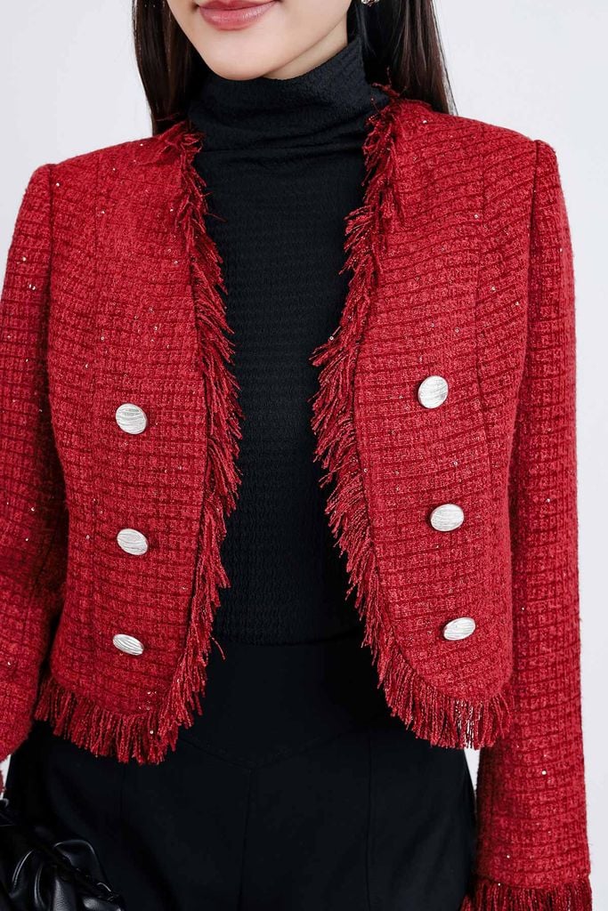 FAD9518 - tylekeo8888 vải dạ Tweed dáng lửng gấu áo phối tua rua tạo kiểu thân áo đính khuy trang trí - tỷ lệ kèo 8899