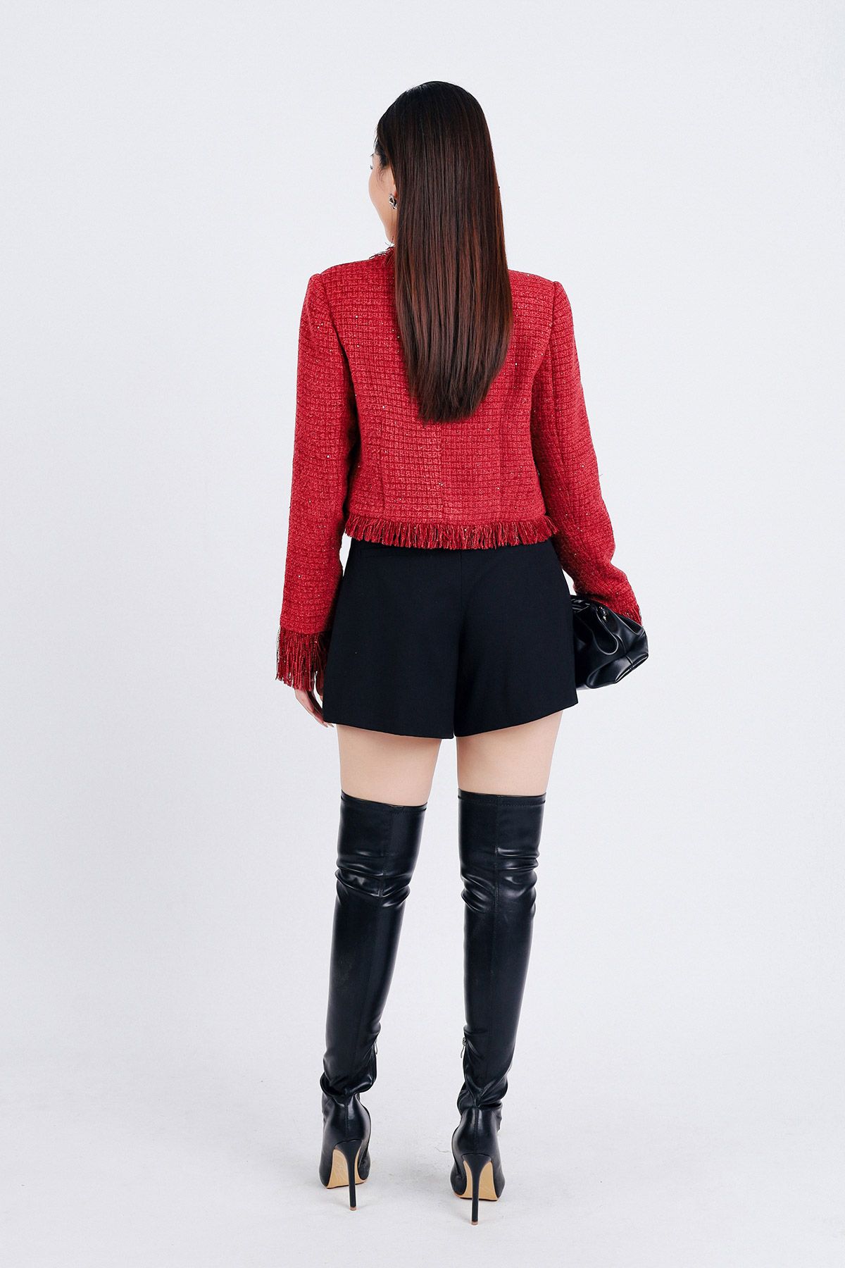 FAD9518 - tylekeo8888 vải dạ Tweed dáng lửng gấu áo phối tua rua tạo kiểu thân áo đính khuy trang trí - tỷ lệ kèo 8899