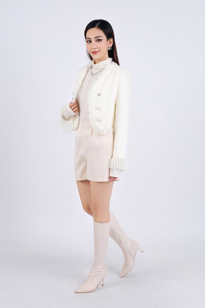 FAD9518 - tylekeo8888 vải dạ Tweed dáng lửng gấu áo phối tua rua tạo kiểu thân áo đính khuy trang trí - tỷ lệ kèo 8899