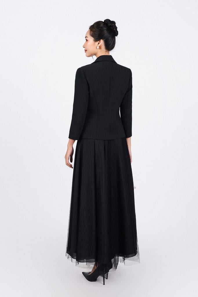 FAD9519 - Áo vest công sở vải thô dày dáng ôm cổ hai ve kèm hoa cài trang trí - PANTIO