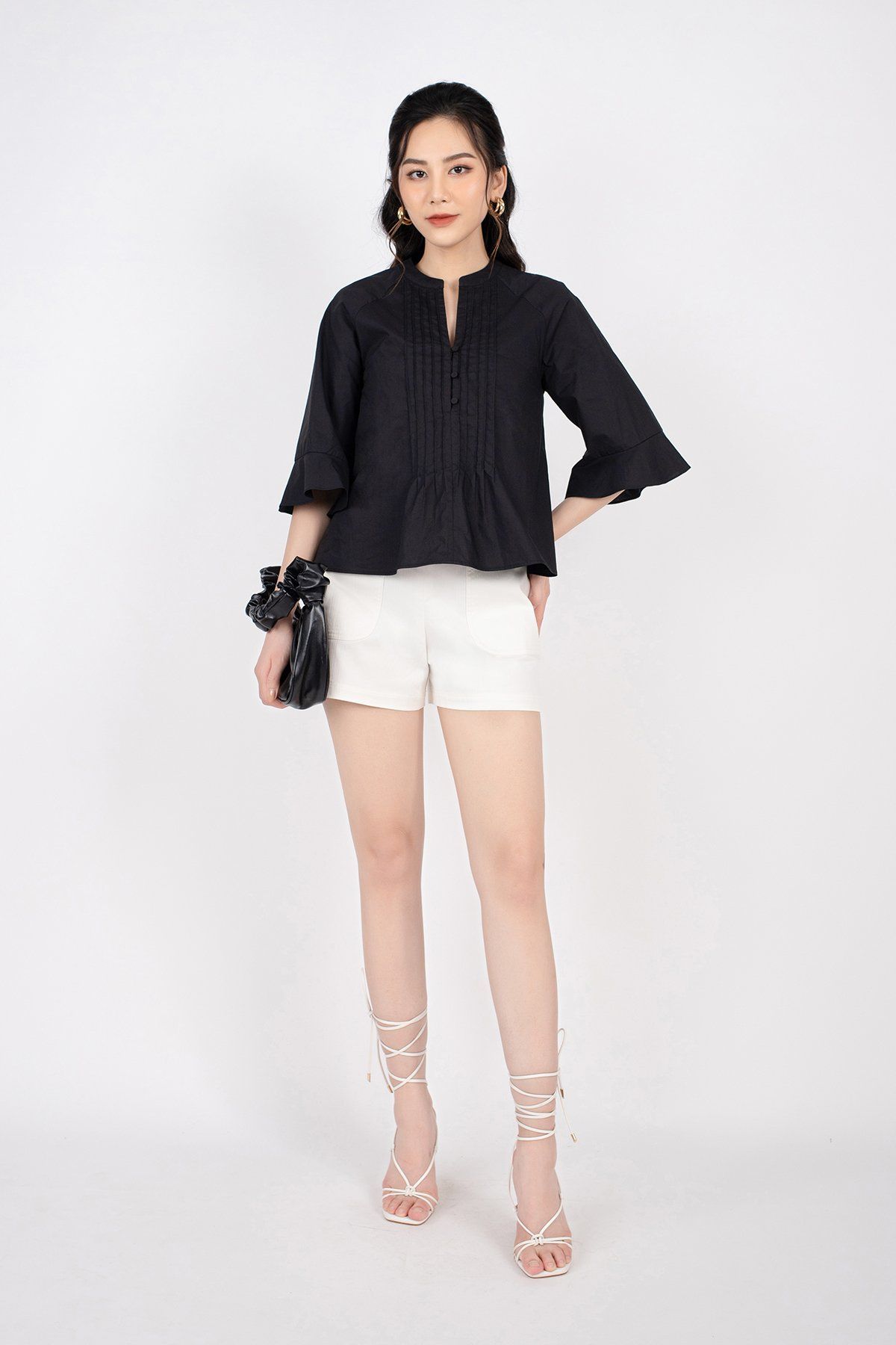 FAK11176 - Áo sơ mi công sở vải thô dáng Xoè thân ngực xếp mí cửa tay loe khuy bọc vải - PANTIO