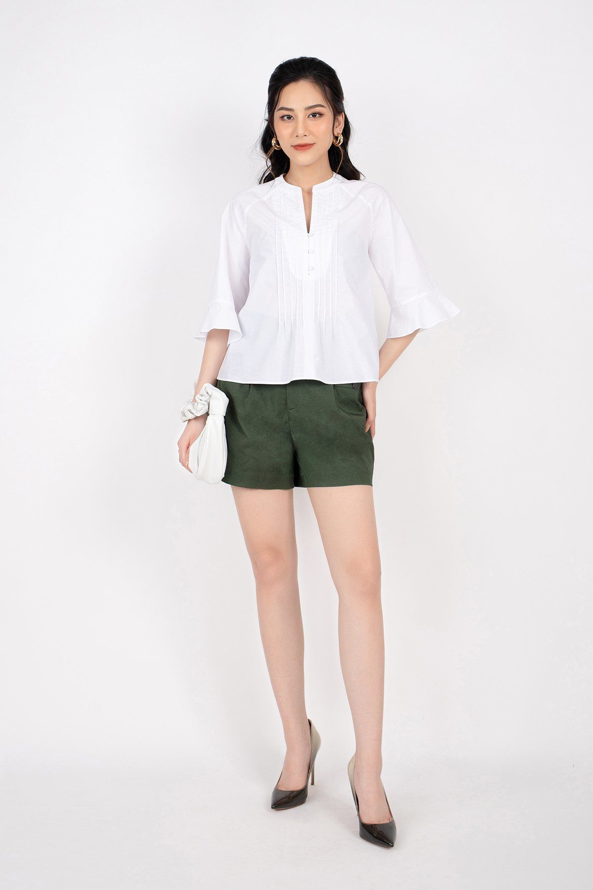 FAK11176 - Áo sơ mi công sở vải thô dáng Xoè thân ngực xếp mí cửa tay loe khuy bọc vải - PANTIO