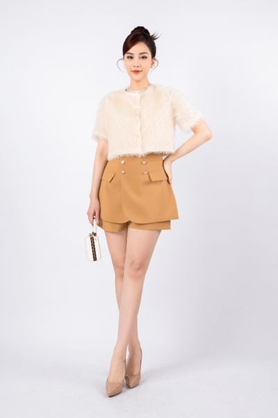 FAK11340 - Áo kiểu dạo phố vải len lông dáng croptop có lót vải habutai cổ tròn cài cúc - PANTIO