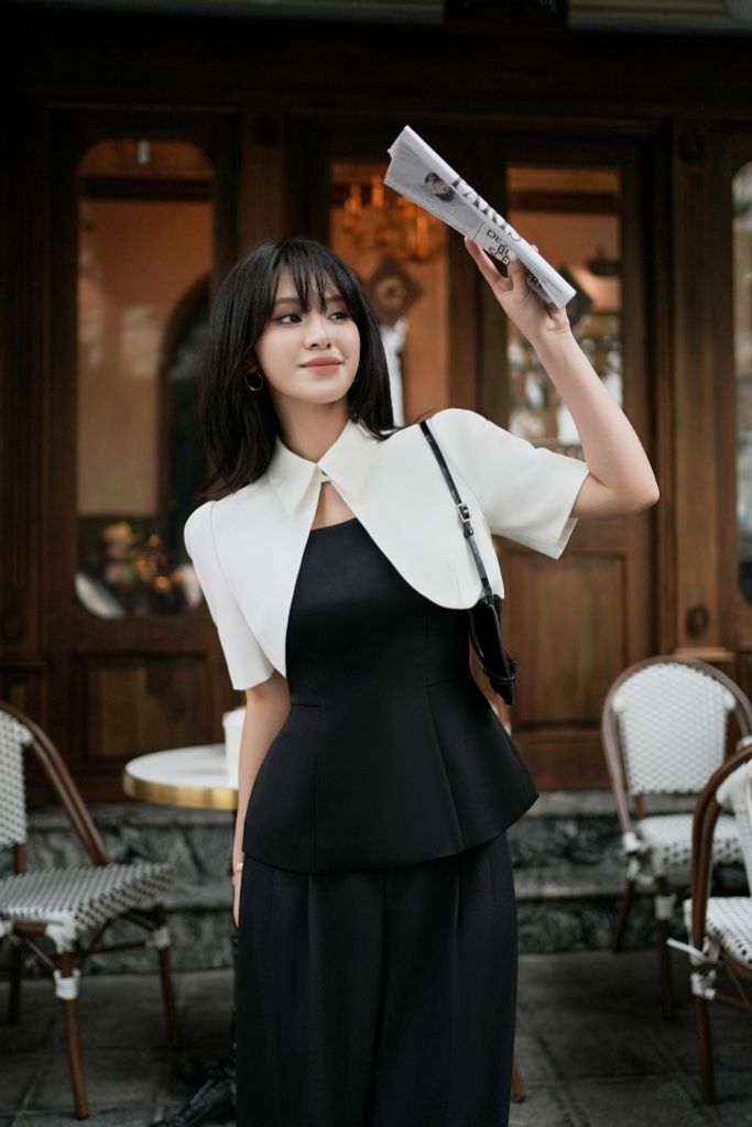 FAK11350 - Áo kiểu công sở vải tuytsi dáng ôm cổ kiểu đính khuy đá cao cấp vai bồng nhẹ khoá thân sau - PANTIO