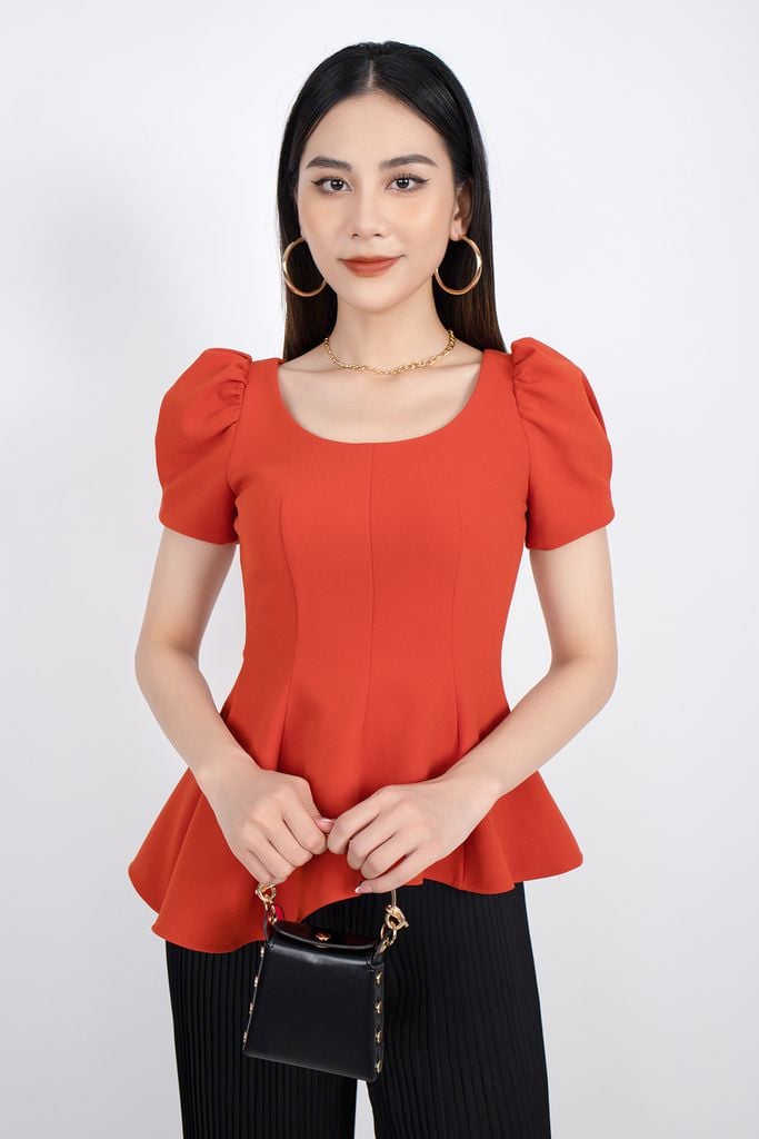 FAK31187 - Áo kiểu công sở vải thun dáng peplum tay bồng vạt áo đổ bèo bất đối xưng - PANTIO