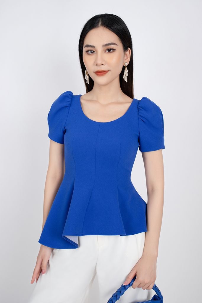 FAK31187 - Áo kiểu công sở vải thun dáng peplum tay bồng vạt áo đổ bèo bất đối xưng - PANTIO