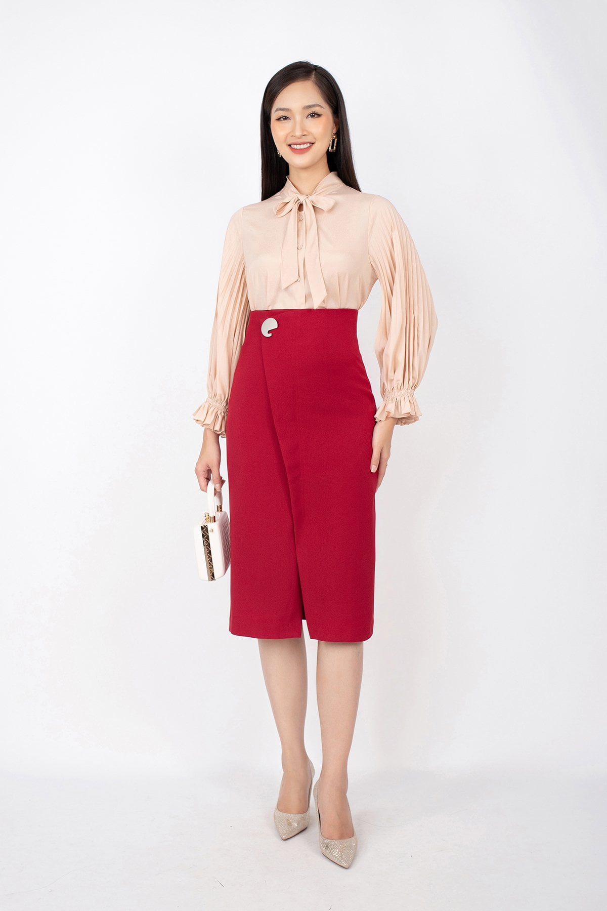 FJD51014 - Chân váy công sở vải tuytsi dáng bút chì vạt lệch khuy trang trí - PANTIO