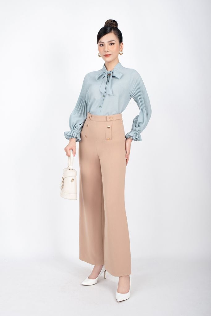 FAK31190 - Áo kiểu công sở vải lụa dáng suông cổ buộc nơ tay bồng dập ly - PANTIO