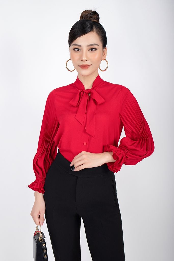 FAK31190 - Áo kiểu công sở vải lụa dáng suông cổ buộc nơ tay bồng dập ly - PANTIO