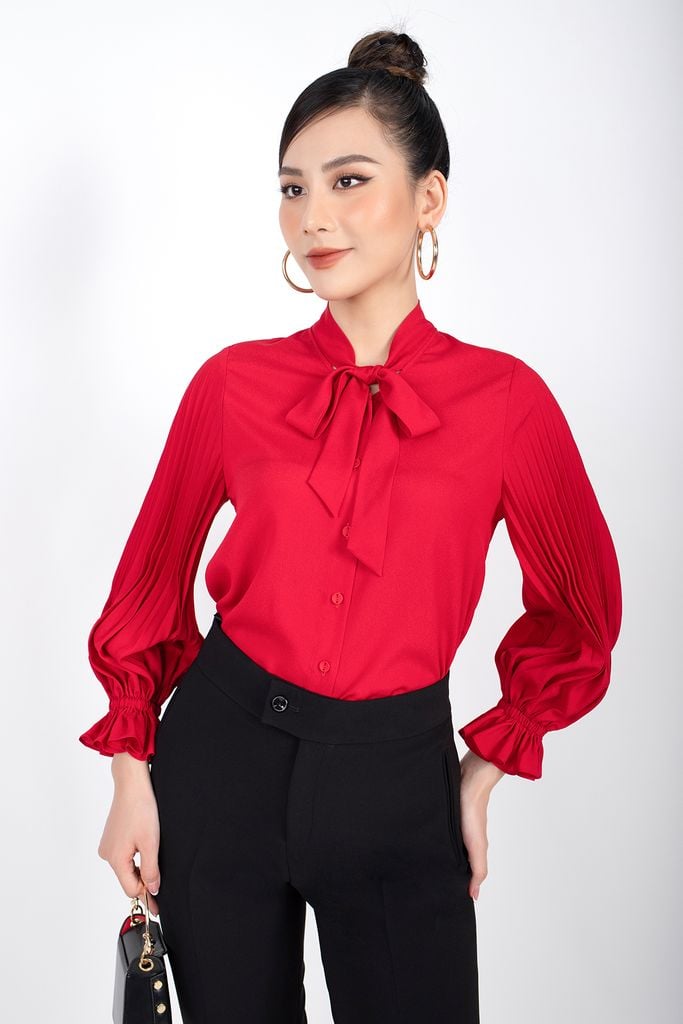 FAK31190 - Áo kiểu công sở vải lụa dáng suông cổ buộc nơ tay bồng dập ly - PANTIO