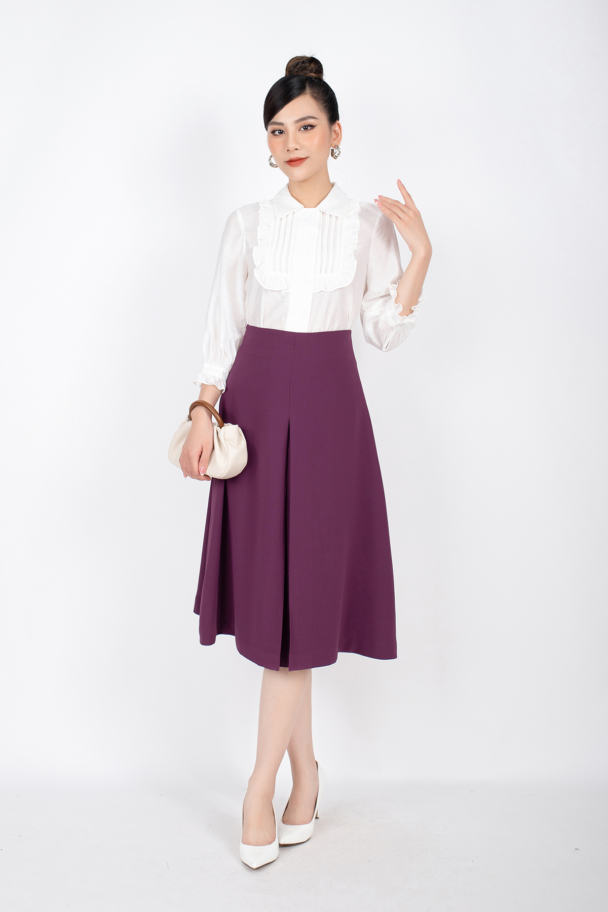 FJD3976 - Chân váy midi công sở vải thô dáng A thân giữa xếp nếp tạo kiểu - PANTIO