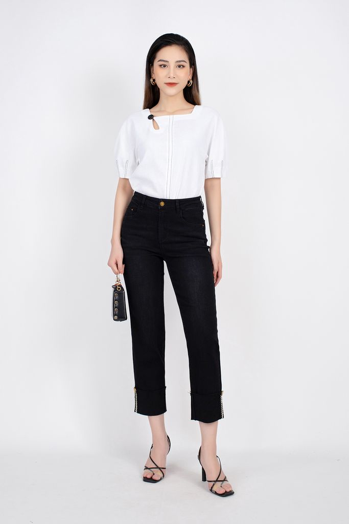 FAK31203 - Áo sơ mi công sở vải linen dáng suông cổ vuông tạo kiểu tay bom chạy chỉ trang trí - PANTIO