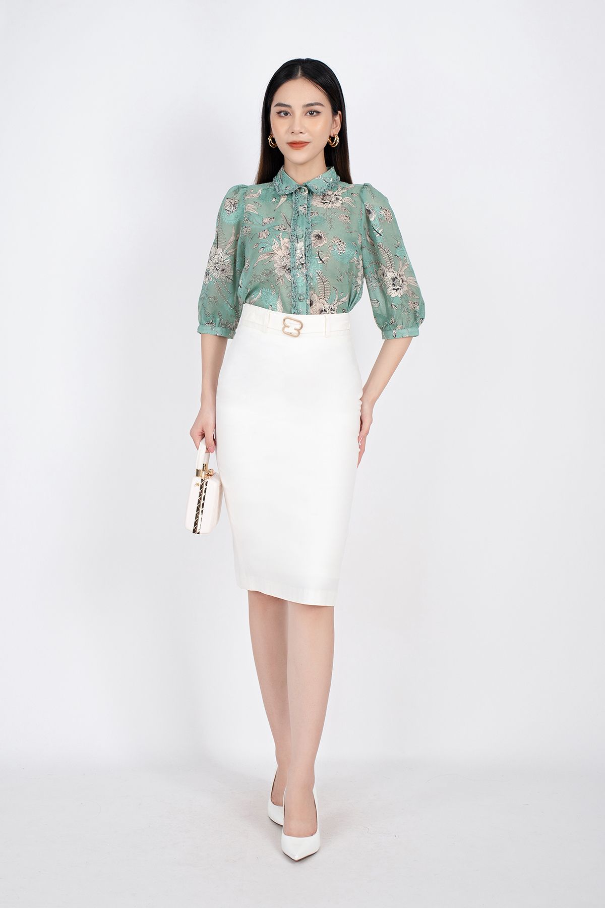 FAK31204 - Áo kiểu công sở vải chiffon dáng suông cổ đức nẹp cổ thân pha bèo tay lỡ - PANTIO