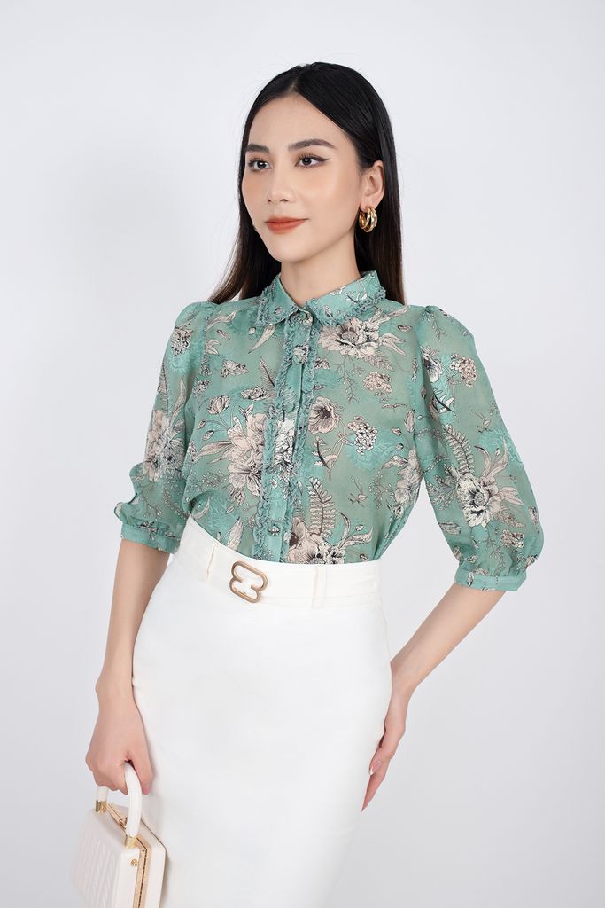 FAK31204 - Áo kiểu công sở vải chiffon dáng suông cổ đức nẹp cổ thân pha bèo tay lỡ - PANTIO