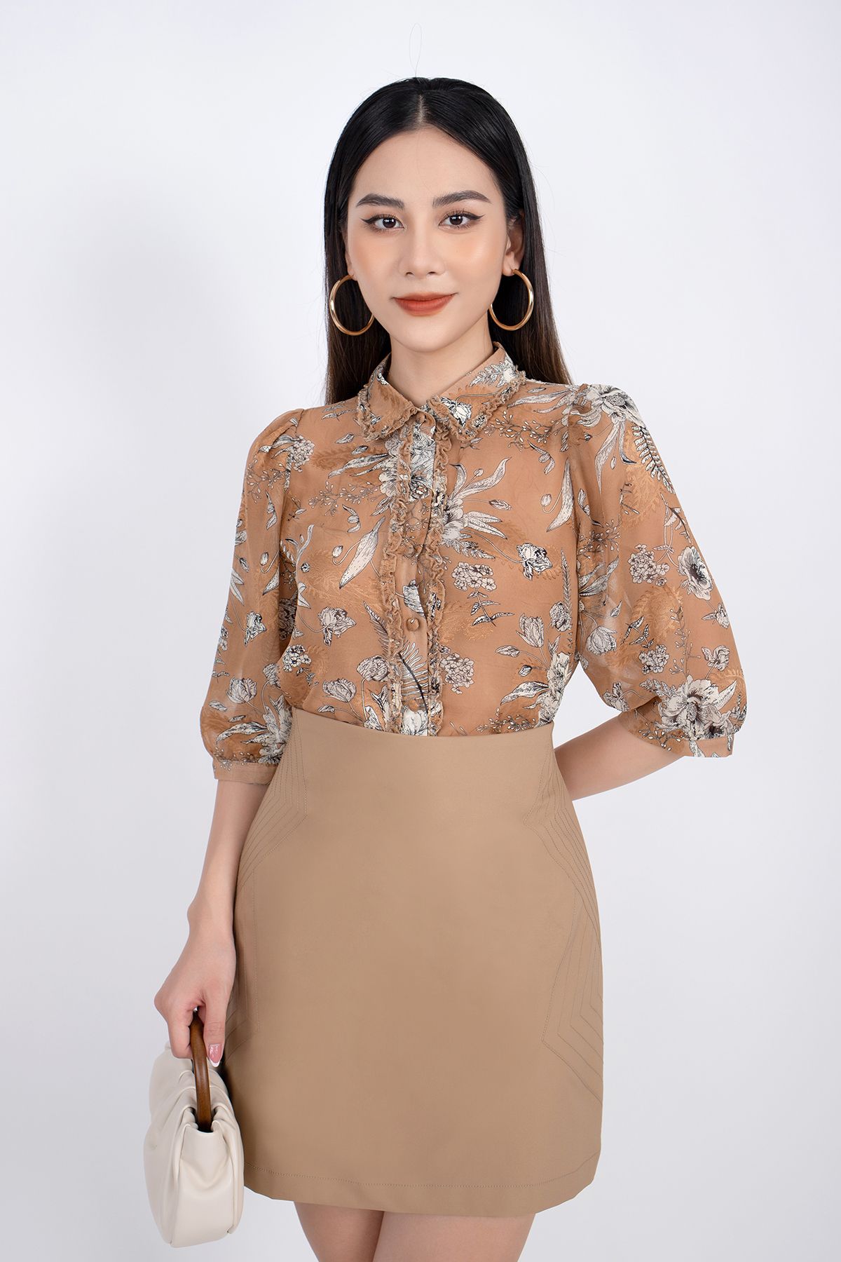 FAK31204 - Áo kiểu công sở vải chiffon dáng suông cổ đức nẹp cổ thân pha bèo tay lỡ - PANTIO