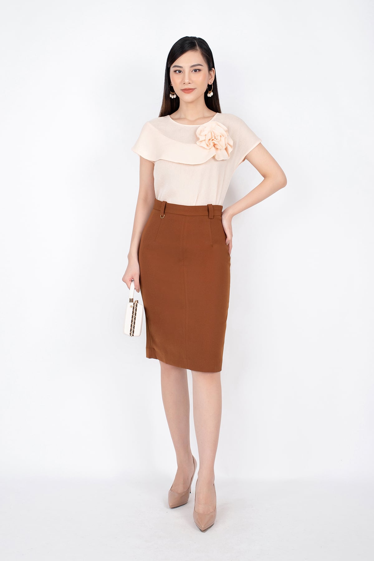 FJD5830 - Chân váy công sở vải thô dáng bút chì cạp rời có đai khóa thân sau dài ngang gối - PANTIO