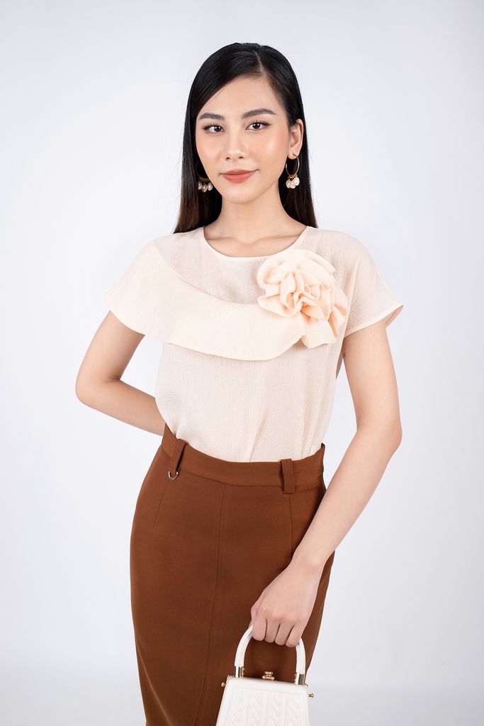 FAK31218 - Áo kiểu công sở vải chiffon dáng suông tay liền vai chờm tạo hoa 3D - PANTIO