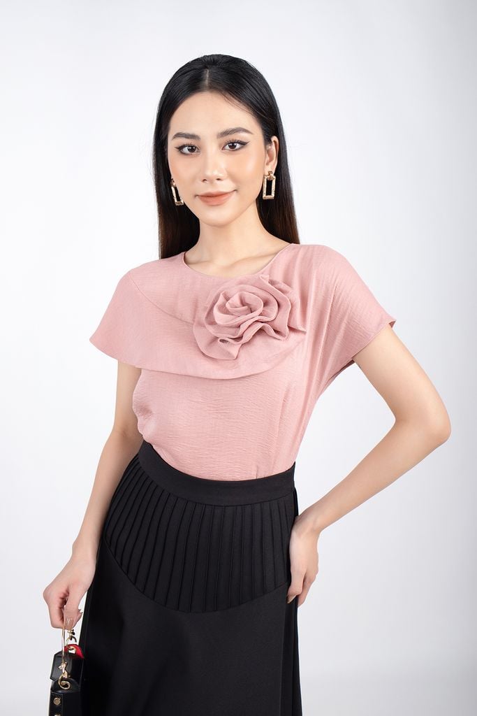 FAK31218 - Áo kiểu công sở vải chiffon dáng suông tay liền vai chờm tạo hoa 3D - PANTIO