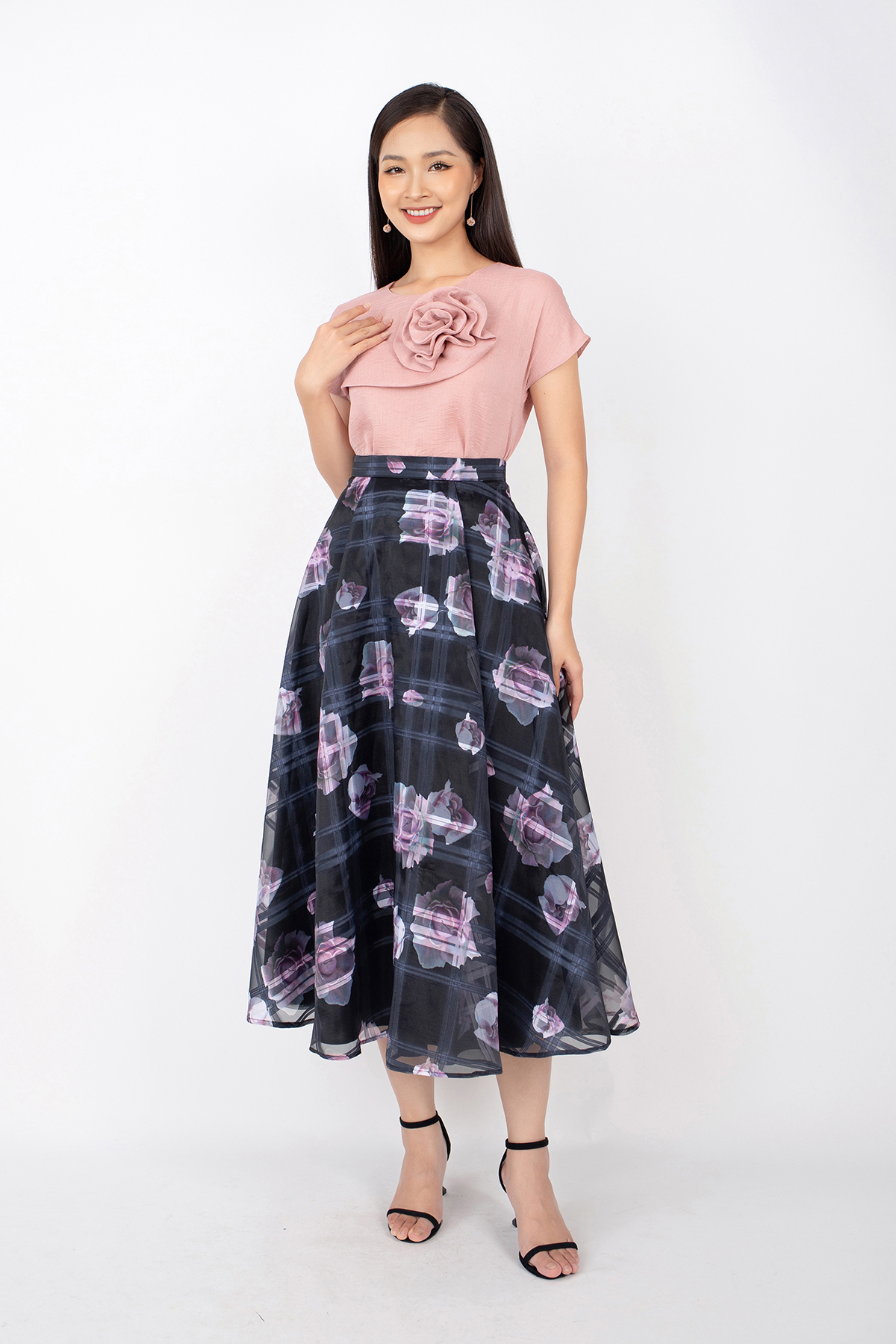 FJD71012 - Chân váy midi dạo phố vải voan dáng Xoè cạp rời xếp nếp - PANTIO