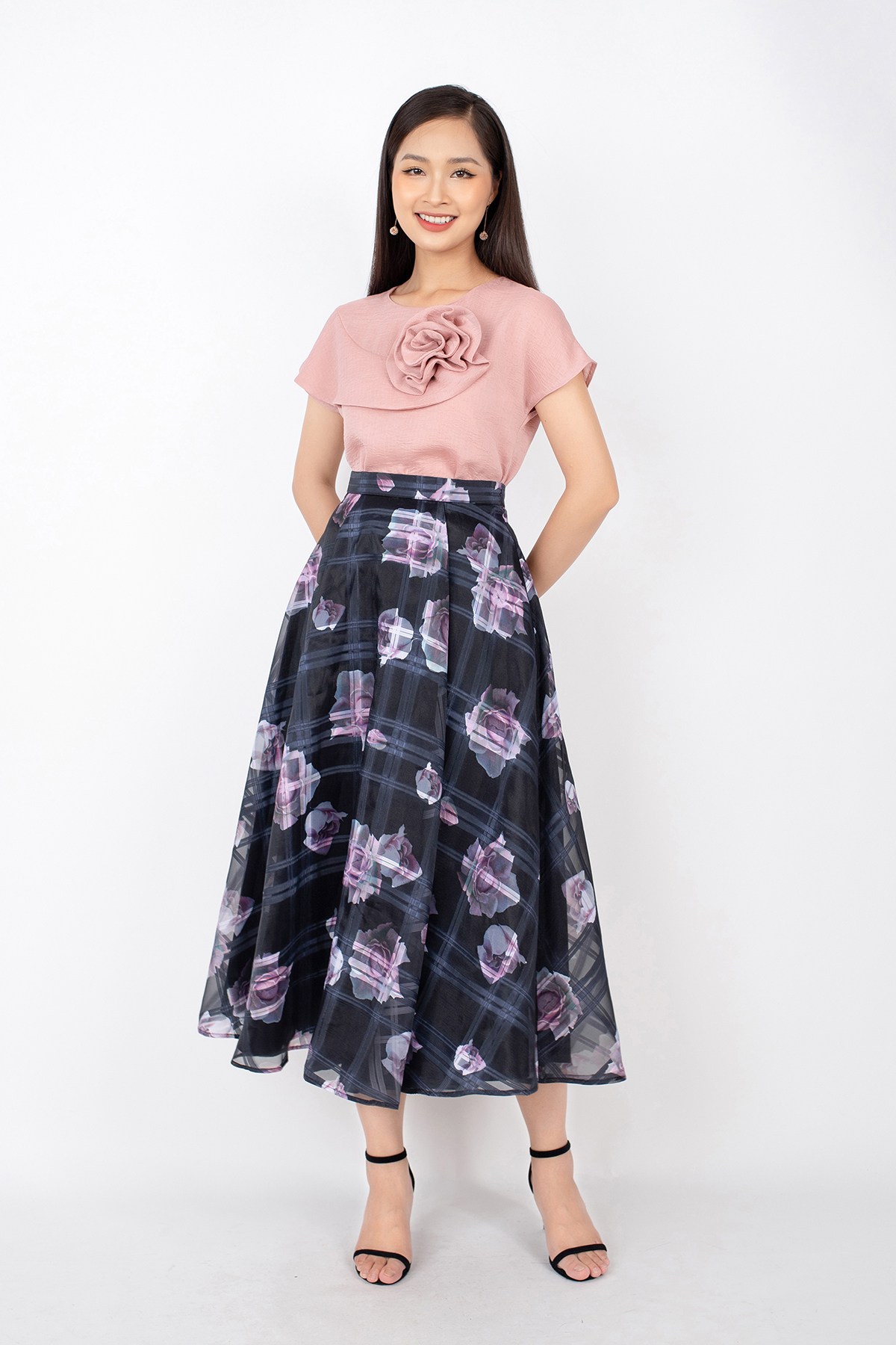 FJD71012 - Chân váy midi dạo phố vải voan dáng Xoè cạp rời xếp nếp - PANTIO