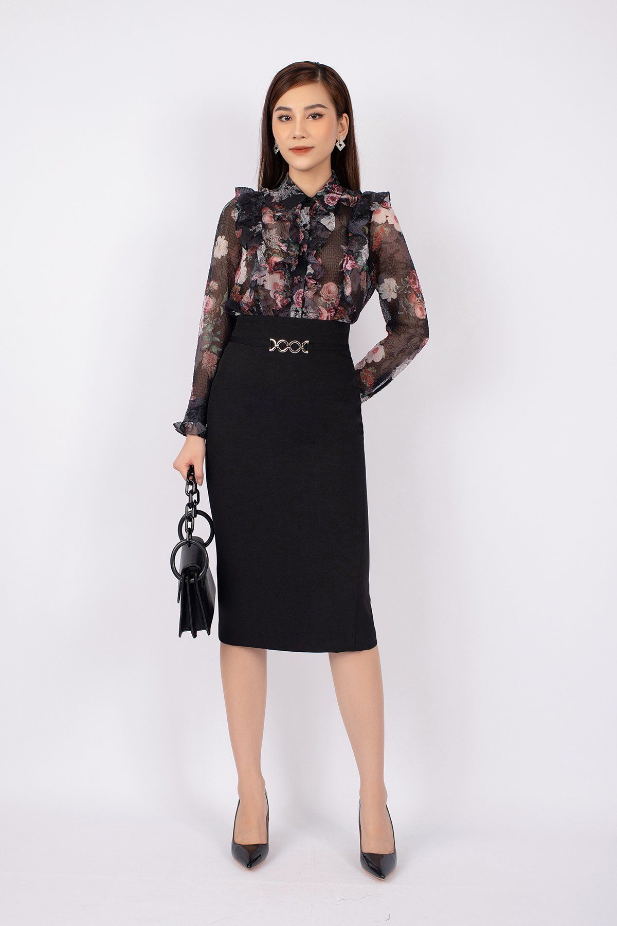 FAK31224 - Áo kiểu công sở vải voan dáng suông cổ đức xếp bèo tạo kiểu - PANTIO