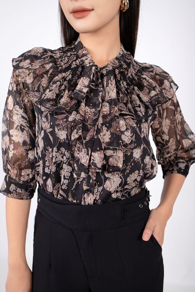 FAK31227 - Áo kiểu công sở vải voan dáng suông cổ bèo buộc nơ tay giác lăng - PANTIO