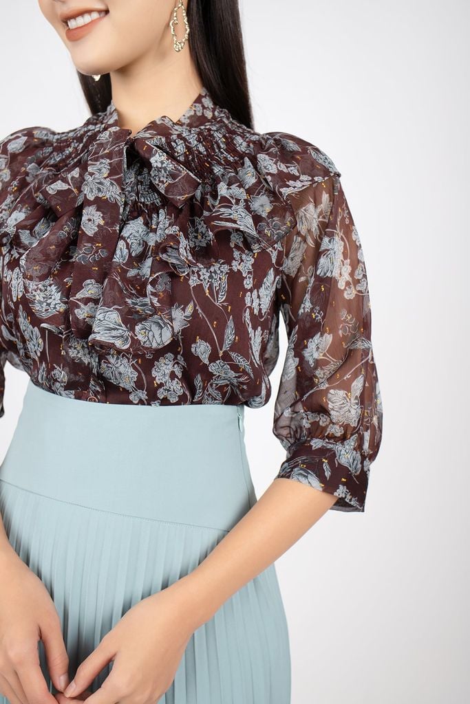 FAK31227 - Áo kiểu công sở vải voan dáng suông cổ bèo buộc nơ tay giác lăng - PANTIO