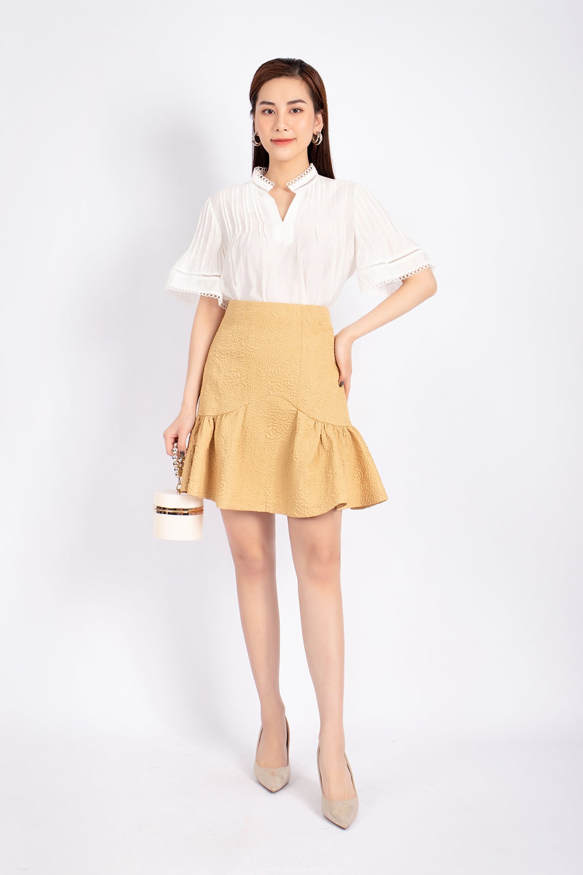 FJN3669 - Chân váy công sở vải gấm xốp dáng Xoè chân xếp nếp tạo kiểu khóa sườn - PANTIO