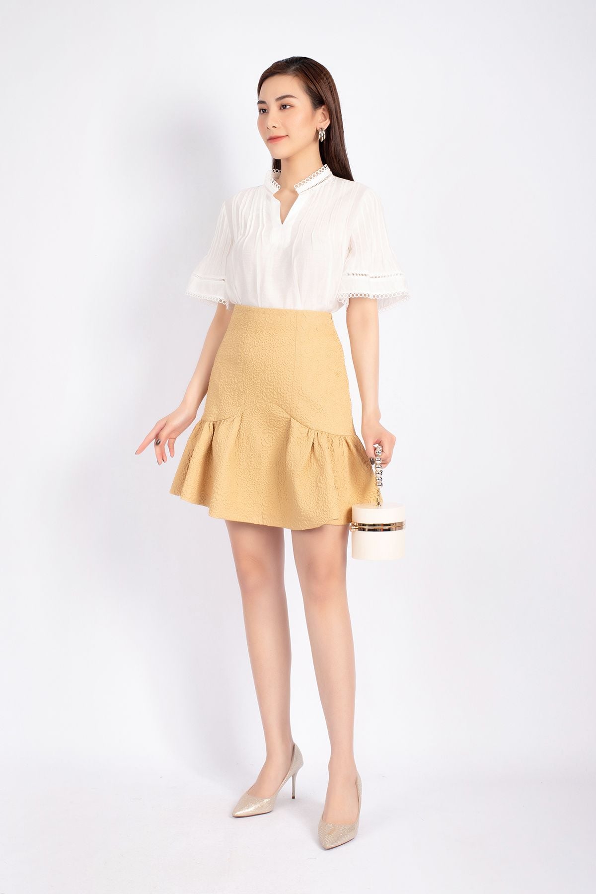 FJN3669 - Chân váy công sở vải gấm xốp dáng Xoè chân xếp nếp tạo kiểu khóa sườn - PANTIO