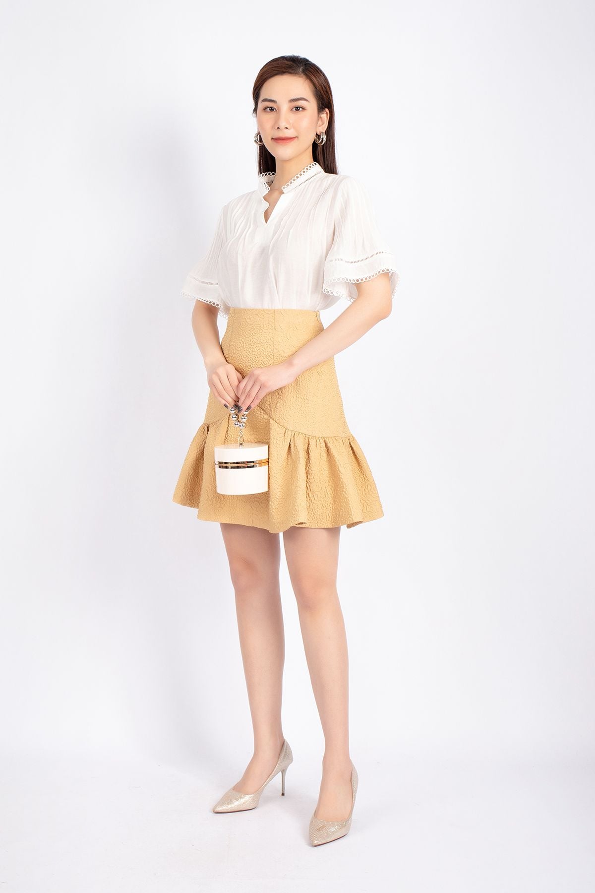 FJN3669 - Chân váy công sở vải gấm xốp dáng Xoè chân xếp nếp tạo kiểu khóa sườn - PANTIO