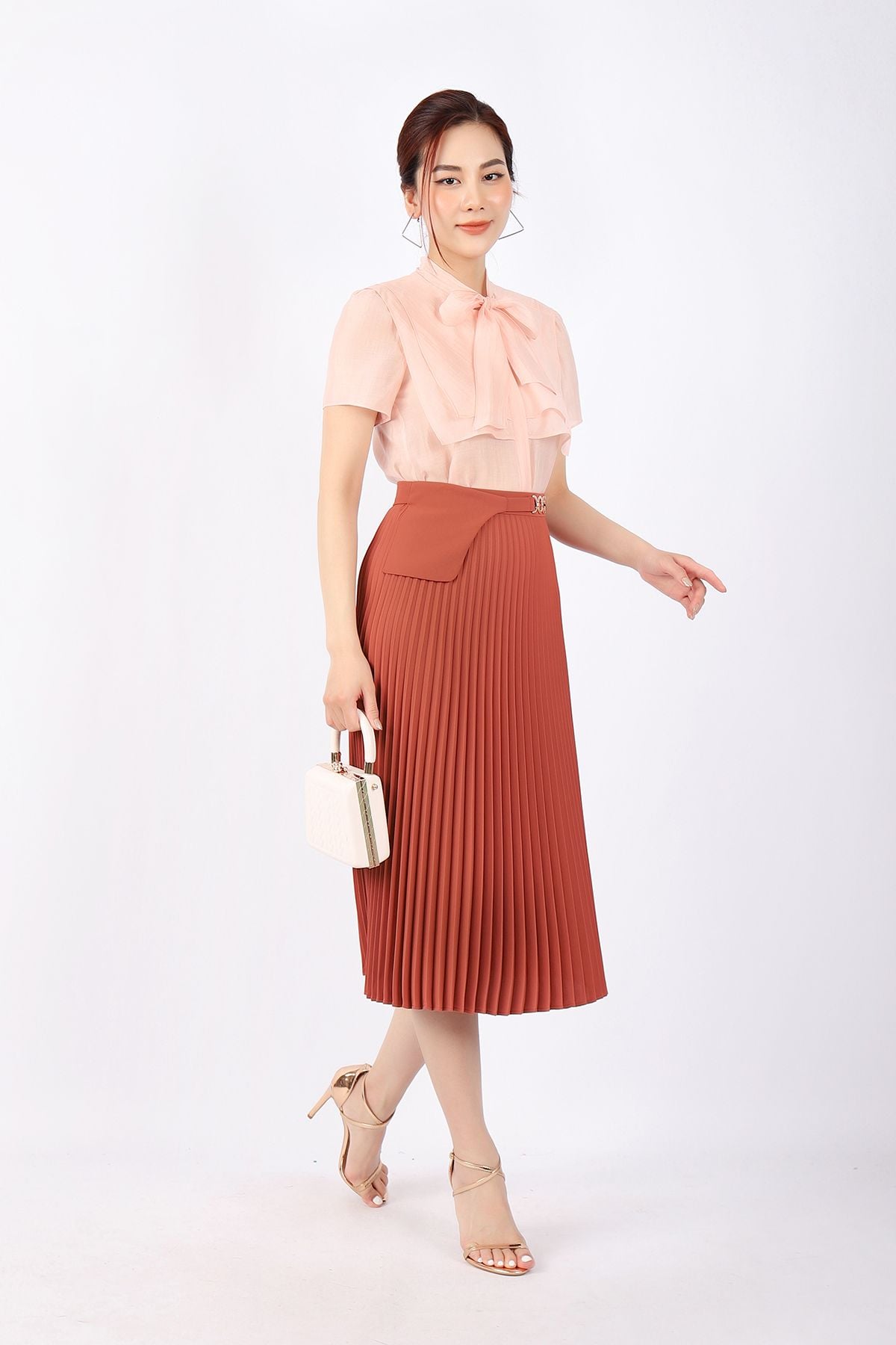 FJD91039 - Chân váy công sở vải thô dáng Xoè rập ly phối đai trang trí khóa thân sau - PANTIO