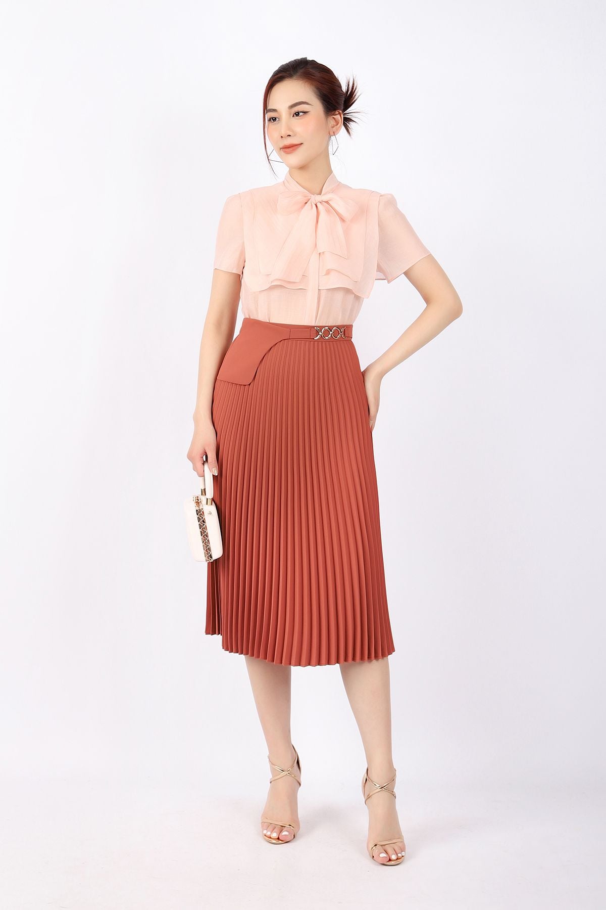 FJD91039 - Chân váy công sở vải thô dáng Xoè rập ly phối đai trang trí khóa thân sau - PANTIO