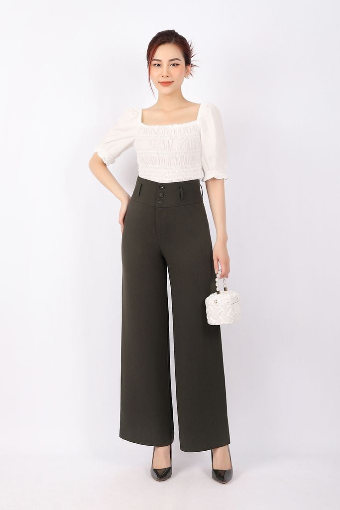FAK31298 - Áo kiểu dạo phố vải thô dáng ôm cổ vuông thân chạy smocking tạo kiểu - PANTIO