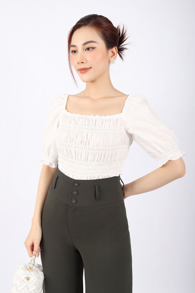 FAK31298 - Áo kiểu dạo phố vải thô dáng ôm cổ vuông thân chạy smocking tạo kiểu - PANTIO