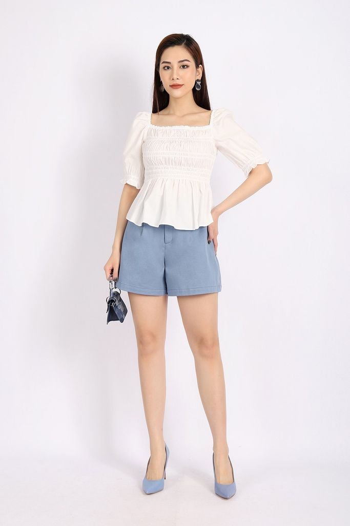 FAK31298 - Áo kiểu dạo phố vải thô dáng ôm cổ vuông thân chạy smocking tạo kiểu - PANTIO