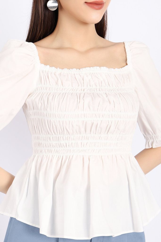 FAK31298 - Áo kiểu dạo phố vải thô dáng ôm cổ vuông thân chạy smocking tạo kiểu - PANTIO