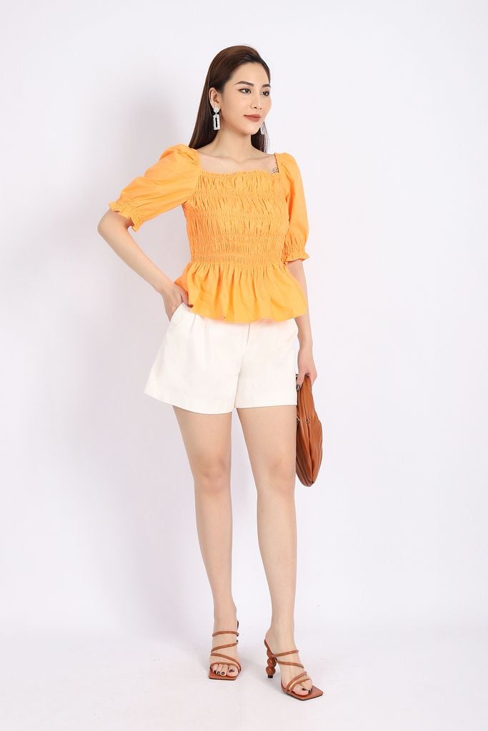 FAK31298 - Áo kiểu dạo phố vải thô dáng ôm cổ vuông thân chạy smocking tạo kiểu - PANTIO