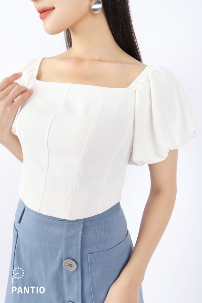 FAK31302 - Áo kiểu dạo phố vải tuytsi dáng croptop cổ vuông vai chun tay bồng thân sau bo chun - PANTIO